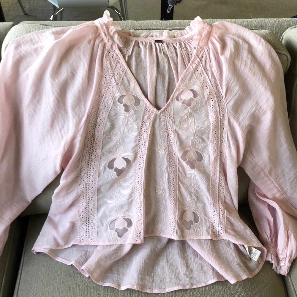 Free people pink flounce sleeve blouse.